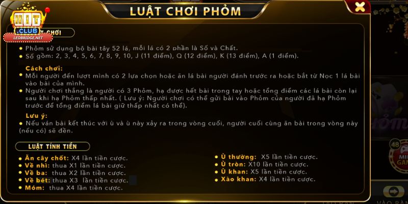 Luật chơi game bài Phỏm Hit Club